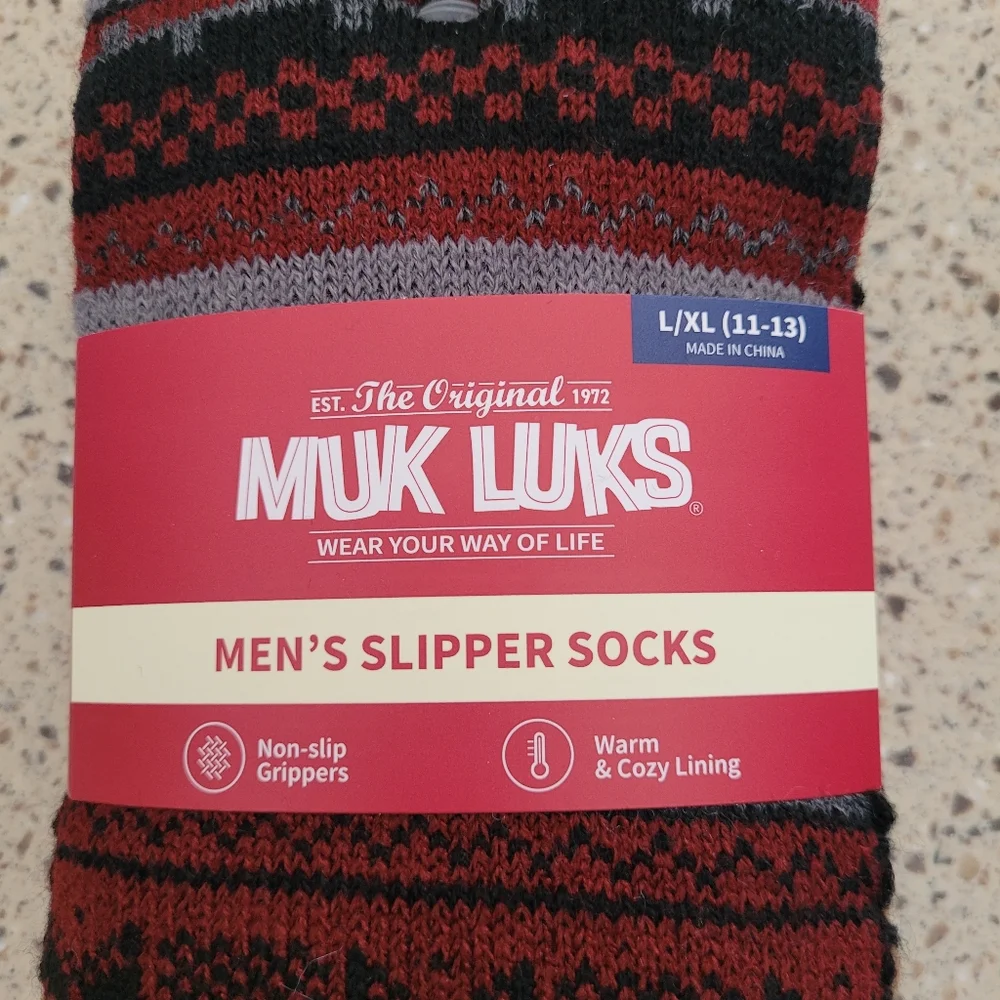 MUK LUKS Mens Slipper Cabin Socks Size L/XL 11-13 Warm Cozy Lining Non Slip Sole